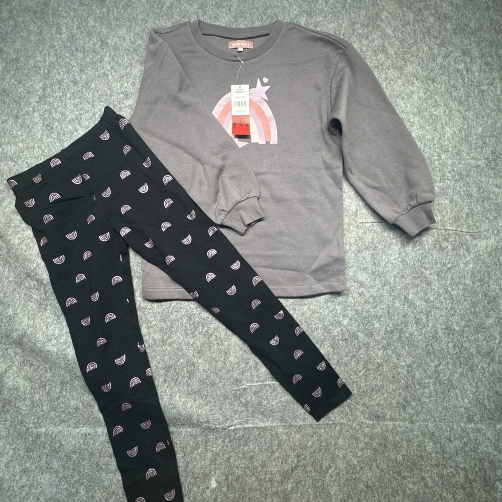 BCBG Girls 2pc Set Gray Rainbow Sweatshirt Black Glitter Leggings Size M 10/12